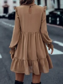 SHEIN LUNE 褶邊領荷葉邊荷葉袖洋裝不附腰帶 - 駝色 - 查看 2
