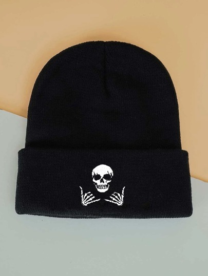 Guys Skeleton Hand & Skull Embroidered Cuff Beanie