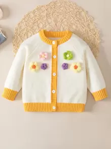 Bebé Cárdigan flor estéreo ribete en contraste de manga raglán - Blanco - Ver 1