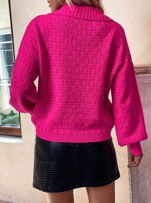 Solid Pointelle Knit Bishop Sleeve Jumper - Hot Pink - View 2