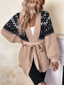SHEIN LUNE Geo Pattern Raglan Sleeve Belted Cardigan - Apricot - View 1