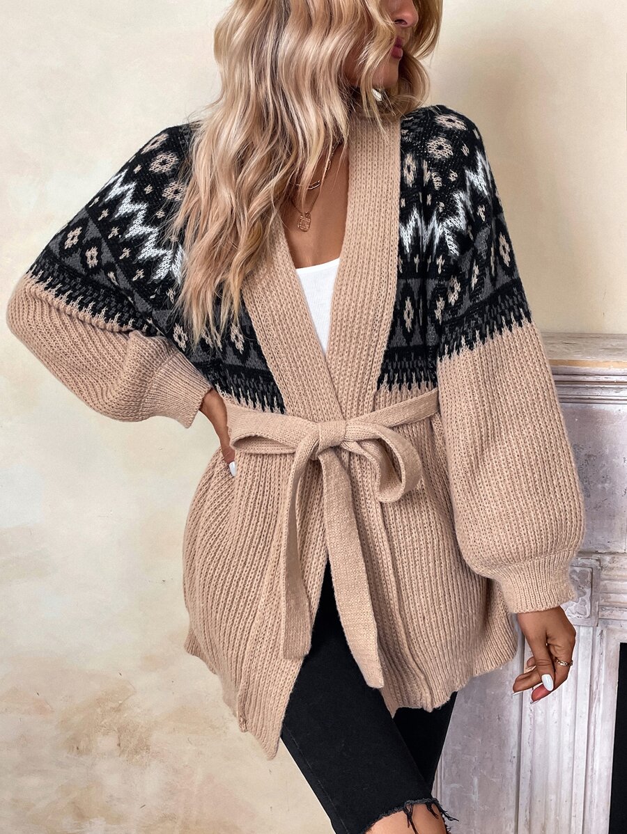 SHEIN LUNE Geo Pattern Raglan Sleeve Belted Cardigan - Apricot - View 1