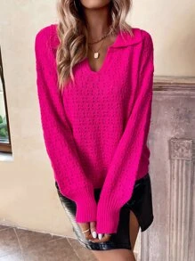 Solid Pointelle Knit Bishop Sleeve Jumper - Hot Pink - View 5