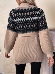 SHEIN LUNE Geo Pattern Raglan Sleeve Belted Cardigan - Apricot - View 2