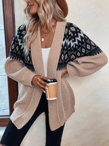SHEIN LUNE Geo Pattern Raglan Sleeve Belted Cardigan - Apricot - View 5