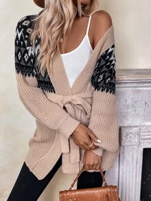 SHEIN LUNE Geo Pattern Raglan Sleeve Belted Cardigan - Apricot - View 7