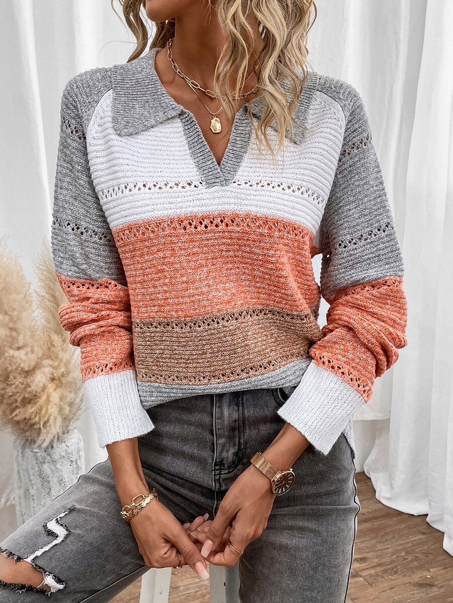 SHEIN LUNE Color Block Pointelle Knit Raglan Sleeve Sweater - Multicolor - View 1