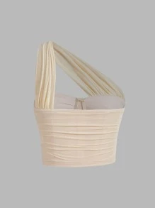 SHEIN MOD One Shoulder Ruched Mesh Top - Beige - View 2