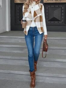 SHEIN LUNE Buffalo Plaid Print Open Front Teddy Vest Coat - Camel - View 3