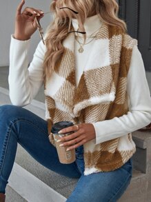 SHEIN LUNE Buffalo Plaid Print Open Front Teddy Vest Coat - Camel - View 6