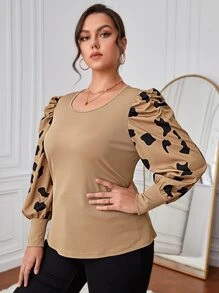SHEIN Clasi Plus Graphic Print Ruched Puff Sleeve Top - Khaki - View 5