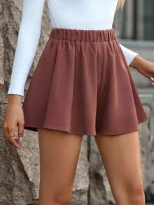 SHEIN Unity 素色彈性腰帶闊腿短褲 - 咖啡棕 - 查看 3