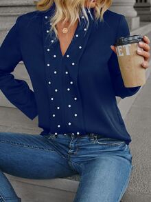 SHEIN LUNE Pearls Beaded Solid Blouse - Navy Blue - View 6