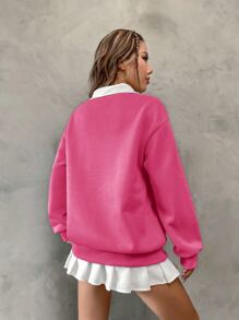 SHEIN Unity Polo Collar Drop Shoulder Letter Graphic Pullover - Hot Pink - View 2