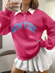 SHEIN Unity Polo Collar Drop Shoulder Letter Graphic Pullover - Hot Pink - View 4