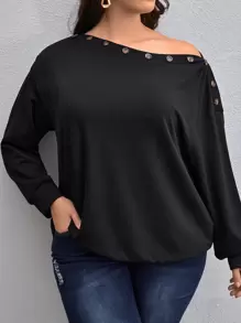 SHEIN LUNE Áo nỉ Plus Size Nút màu trơn Giải trí - màu đen - Xem 1