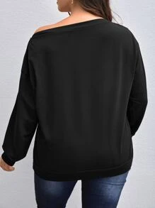 SHEIN LUNE Áo nỉ Plus Size Nút màu trơn Giải trí - màu đen - Xem 2