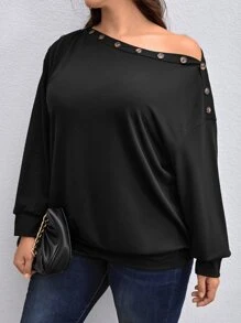 SHEIN LUNE Áo nỉ Plus Size Nút màu trơn Giải trí - màu đen - Xem 4
