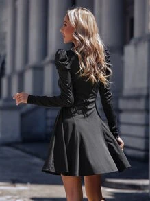 V Neck Gigot Sleeve A-line Dress - Black - View 2