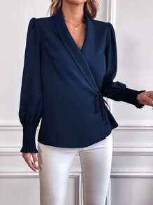 SHEIN Clasi Blusa cruzada de cuello esmoquin con nudo lateral - Azul Marino - Ver 6