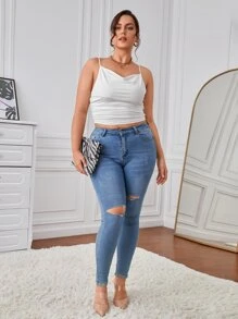 SHEIN Privé Plus Draped Collar Ruched Cami Top - White - View 3