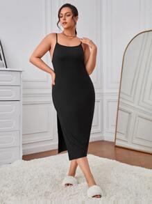 SHEIN Unity Plus Split Thigh Cami Dress Without Cardigan - Black - View 6