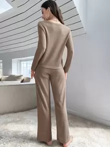 Women's Casual Khaki Ribbed Button-Front Loungewear Set With Round Neck And Slight Stretch Cozy And Elegant Details, Fall Clothes Outfits