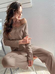 Women's Casual Khaki Ribbed Button-Front Loungewear Set With Round Neck And Slight Stretch Cozy And Elegant Details, Fall Clothes Outfits