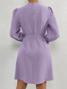 SHEIN Privé Đầm Thắt lưng Uốn nếp màu trơn Thanh lịch - Màu Lilac Tím - Xem 2