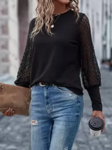 SHEIN Clasi Contrast Lace Bishop Sleeve Top - Black - View 3