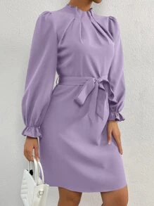 SHEIN Privé Đầm Thắt lưng Uốn nếp màu trơn Thanh lịch - Màu Lilac Tím - Xem 6