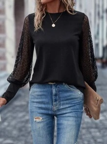 SHEIN Clasi Contrast Lace Bishop Sleeve Top - Black - View 6