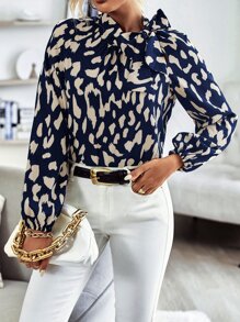 SHEIN Clasi 滿版印花繫帶領襯衫 - 藍白色 - 查看 1
