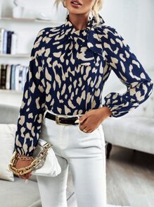 SHEIN Clasi 滿版印花繫帶領襯衫 - 藍白色 - 查看 3