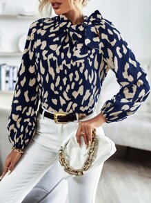 SHEIN Clasi 滿版印花繫帶領襯衫 - 藍白色 - 查看 4