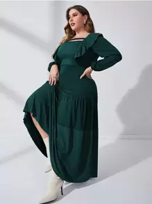 Modelyn Đầm Plus Size Cắt ra Xù phân lớp màu trơn Thanh lịch - Màu xanh lá cây đậm - Xem 1