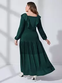 Modelyn Đầm Plus Size Cắt ra Xù phân lớp màu trơn Thanh lịch - Màu xanh lá cây đậm - Xem 2