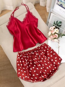 Heart Print Contrast Lace Tie Front Satin Cami PJ Set - Burgundy - View 1