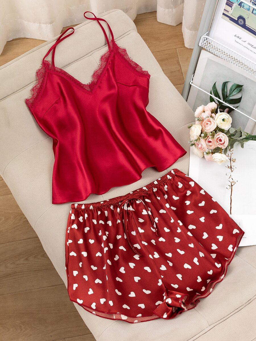 Heart Print Contrast Lace Tie Front Satin Cami PJ Set - Burgundy - View 1