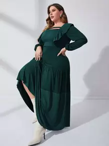 Modelyn Đầm Plus Size Cắt ra Xù phân lớp màu trơn Thanh lịch - Màu xanh lá cây đậm - Xem 3