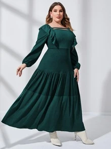 Modelyn Đầm Plus Size Cắt ra Xù phân lớp màu trơn Thanh lịch - Màu xanh lá cây đậm - Xem 4