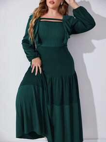 Modelyn Đầm Plus Size Cắt ra Xù phân lớp màu trơn Thanh lịch - Màu xanh lá cây đậm - Xem 5