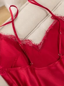 Heart Print Contrast Lace Tie Front Satin Cami PJ Set - Burgundy - View 3