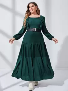 Modelyn Đầm Plus Size Cắt ra Xù phân lớp màu trơn Thanh lịch - Màu xanh lá cây đậm - Xem 7
