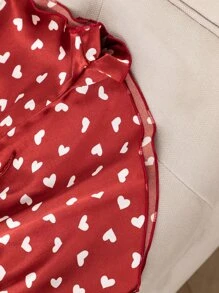 Heart Print Contrast Lace Tie Front Satin Cami PJ Set - Burgundy - View 4