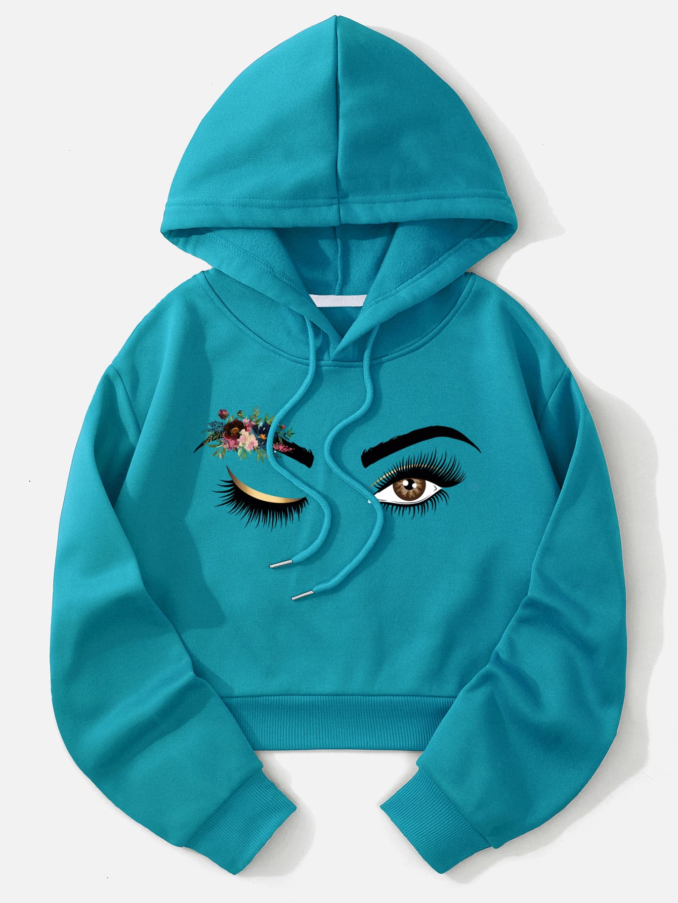 Figure & Floral Print Drop Shoulder Drawstring Thermal Lined Hoodie