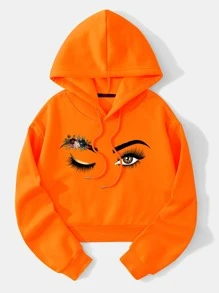 SHEIN EZwear Figure & Floral Print Drop Shoulder Drawstring Thermal Lined Hoodie - Orange - View 1