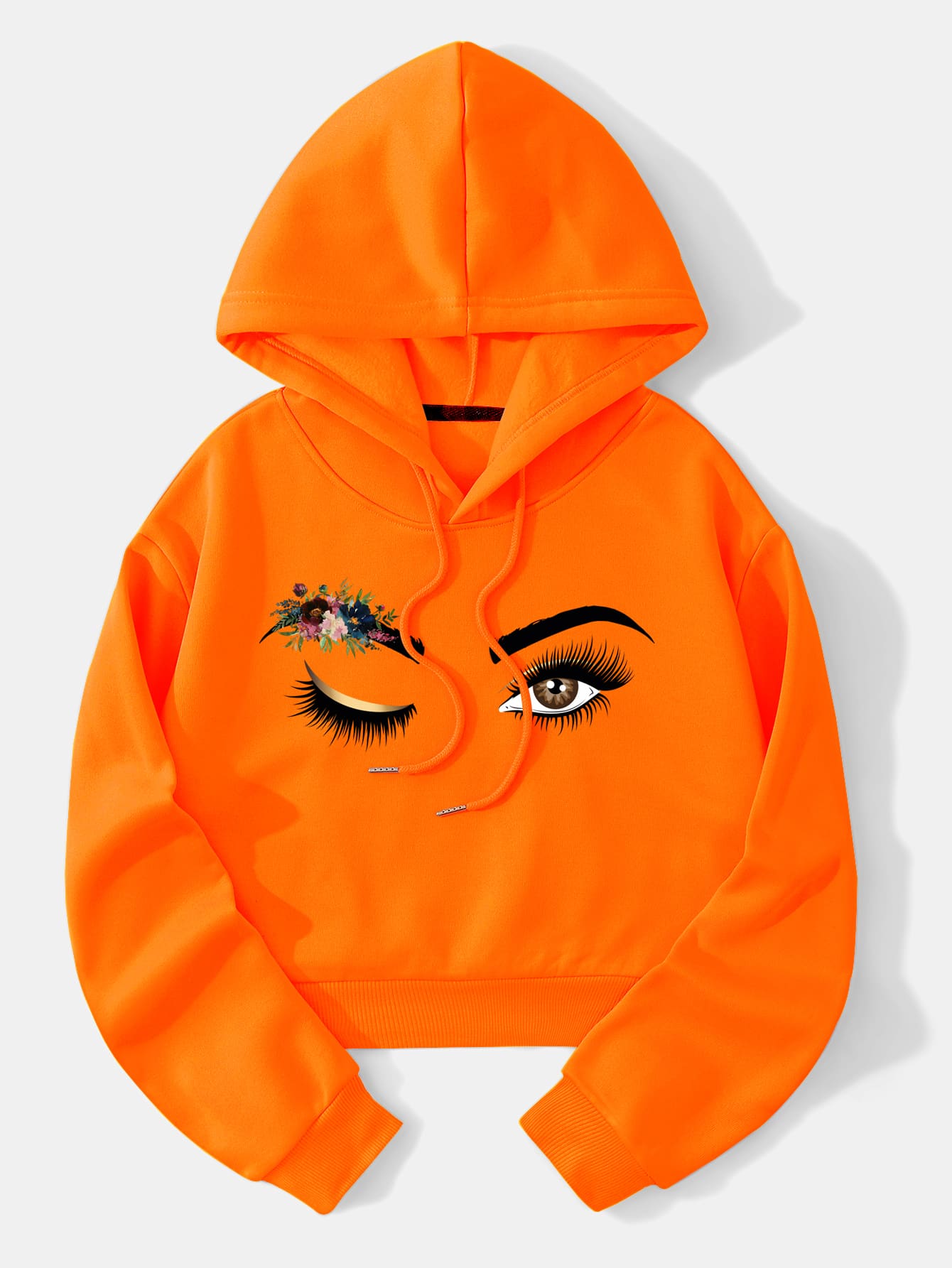 SHEIN EZwear Figure & Floral Print Drop Shoulder Drawstring Thermal Lined Hoodie - Orange - View 1