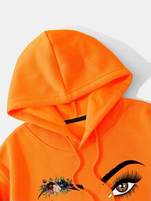 SHEIN EZwear Figure & Floral Print Drop Shoulder Drawstring Thermal Lined Hoodie - Orange - View 4