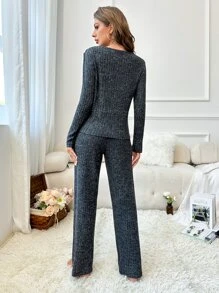 Bộ PJ / Bộ Pajama trang trí ren sò gu gu tương phản - Màu xám đen - Xem 2